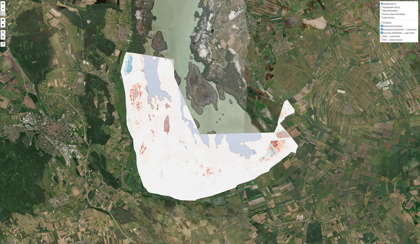 An anomaly layer over a wetland: blue where the cycle was wetter than the reference mean, red where it was drier