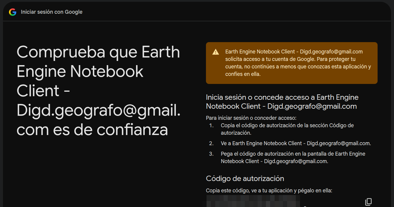 The Google authorisation page, ending with the code to copy back into the application