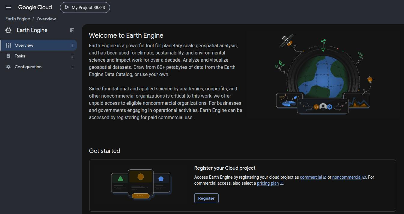 The Earth Engine page of the Google Cloud console, before any project exists