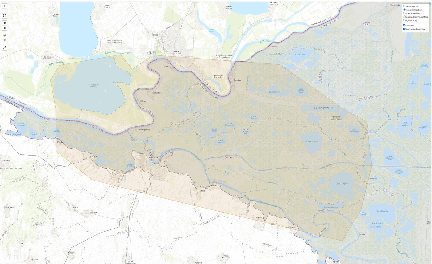 A polygon drawn over the map with the drawing tools, covering part of the Danube delta