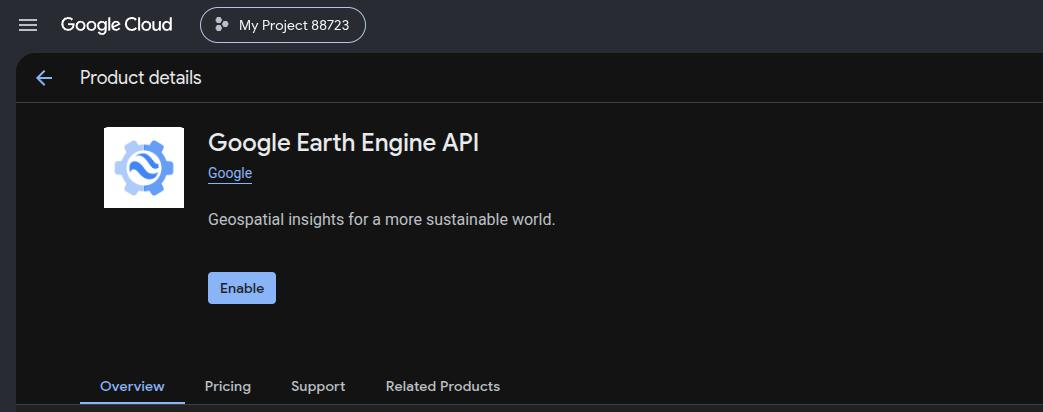 The Earth Engine API page in the Cloud console API library, with the Enable button