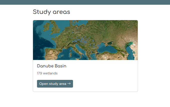 The home page of the application, listing the study areas as cards