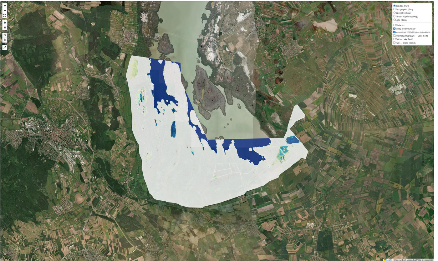 A normalized hydroperiod drawn over a wetland, deep blue where water stood longest and pale where it barely stood at all