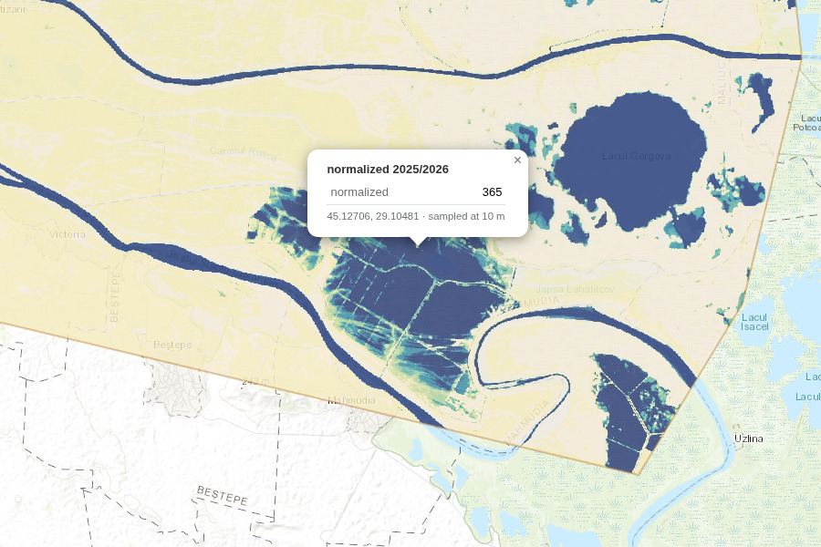 The popup the value reader opens where the map was clicked, listing the bands of the layer and their values at that pixel