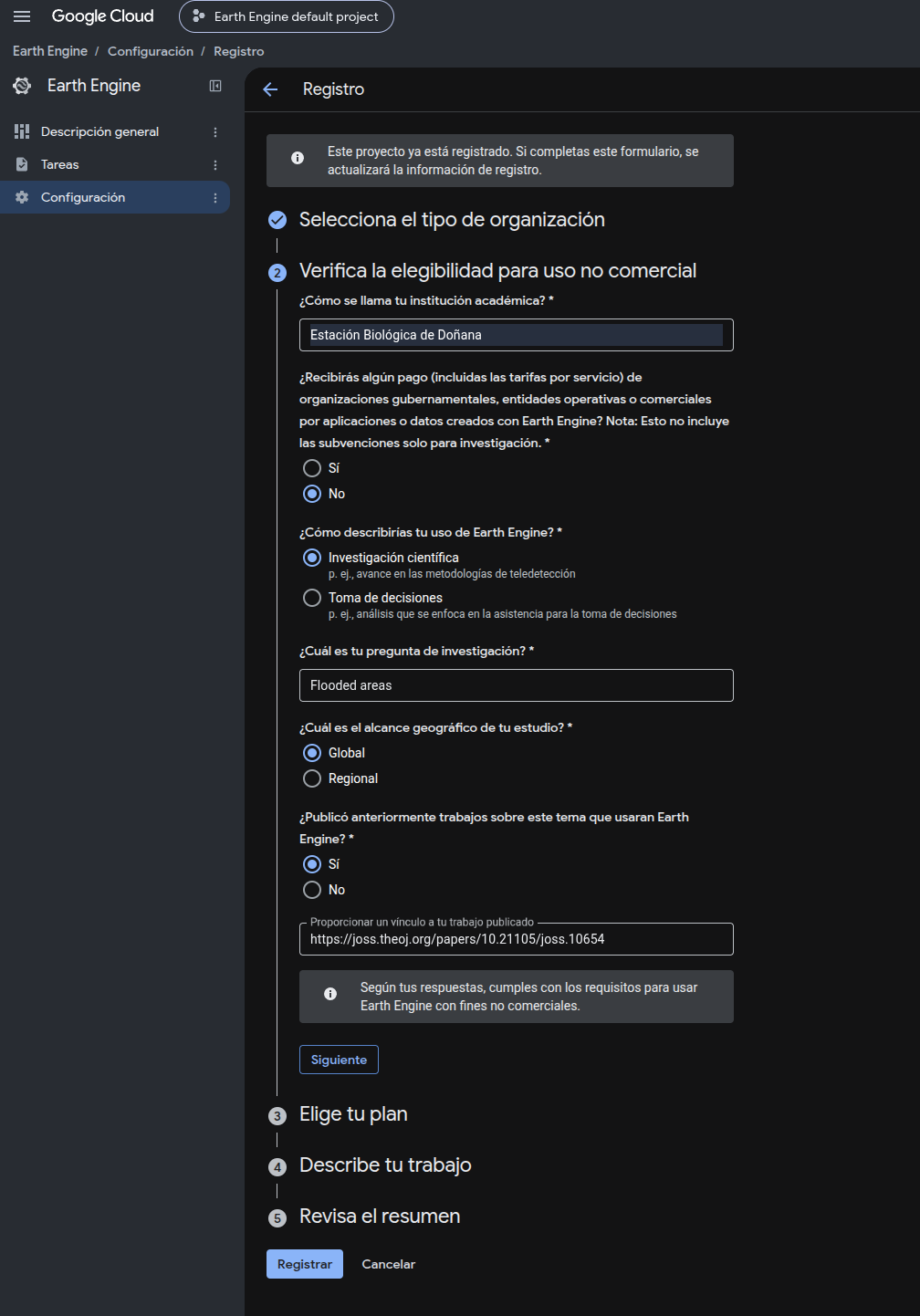 The eligibility step of the registration form, filled in for noncommercial academic research