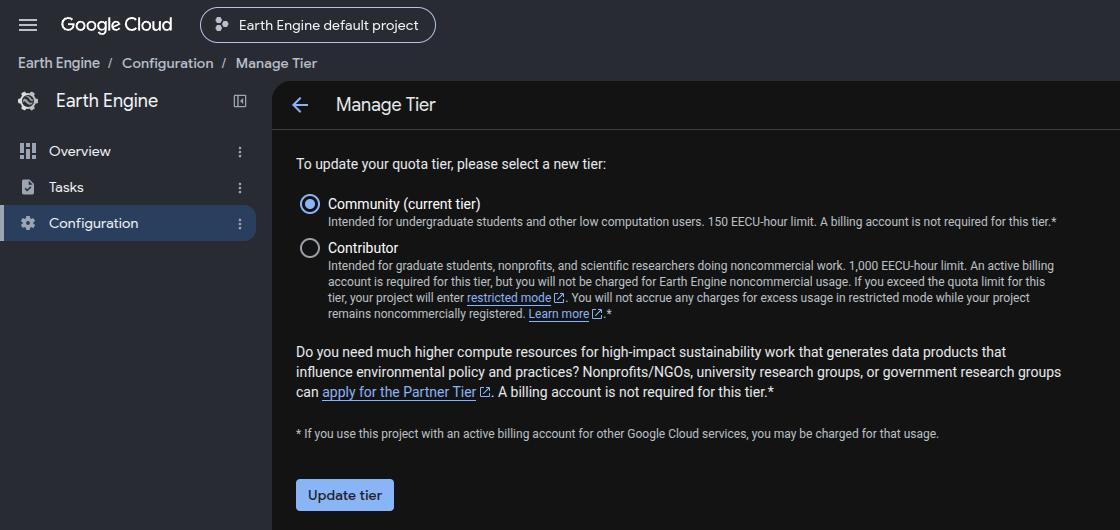 The Earth Engine page for changing the project tier, with Community and Contributor side by side
